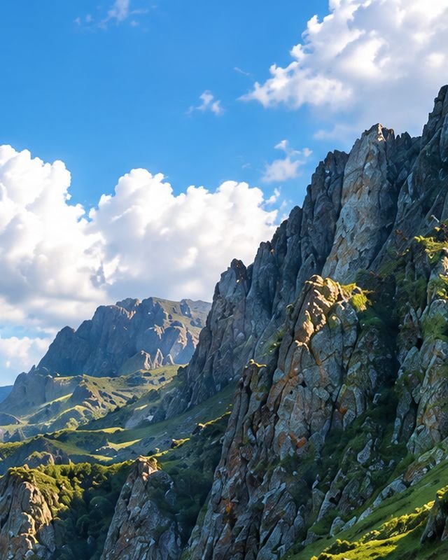 A steep rock ridge under a blue sky