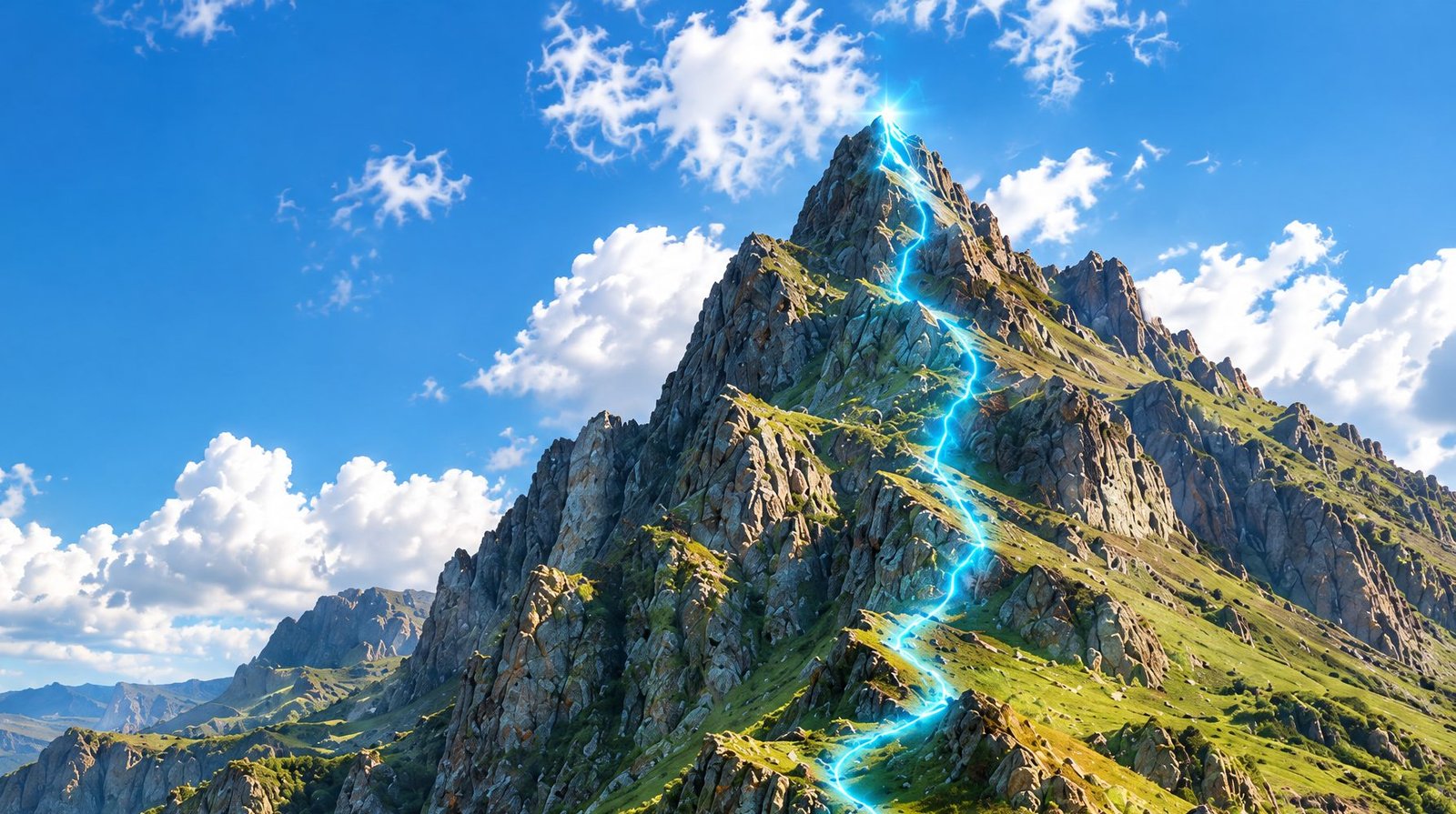 A rocky summit with a glowing cyan trail reaching the top