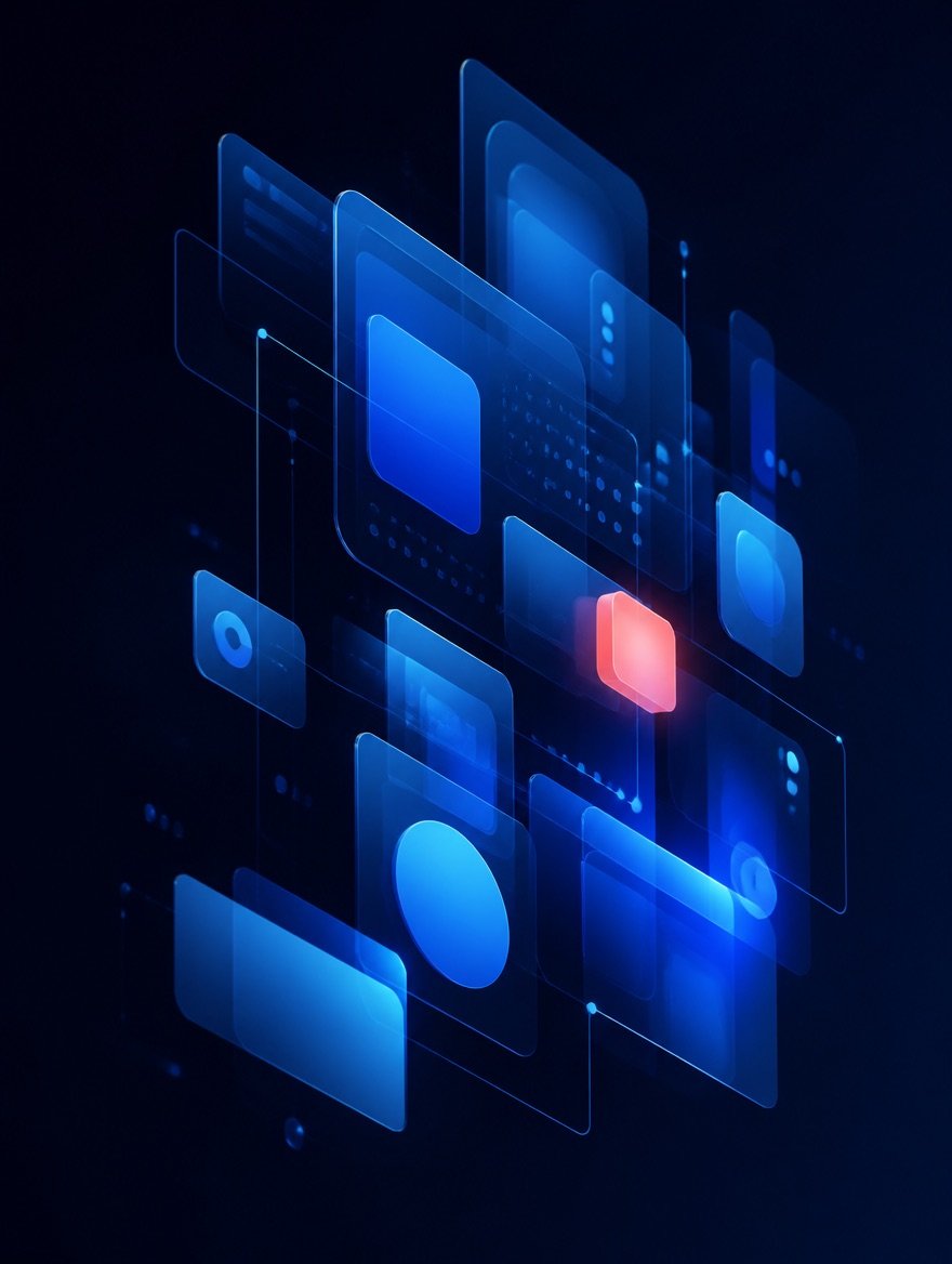 Layered translucent interface panels assembling into a connected product system in BlueAura blues