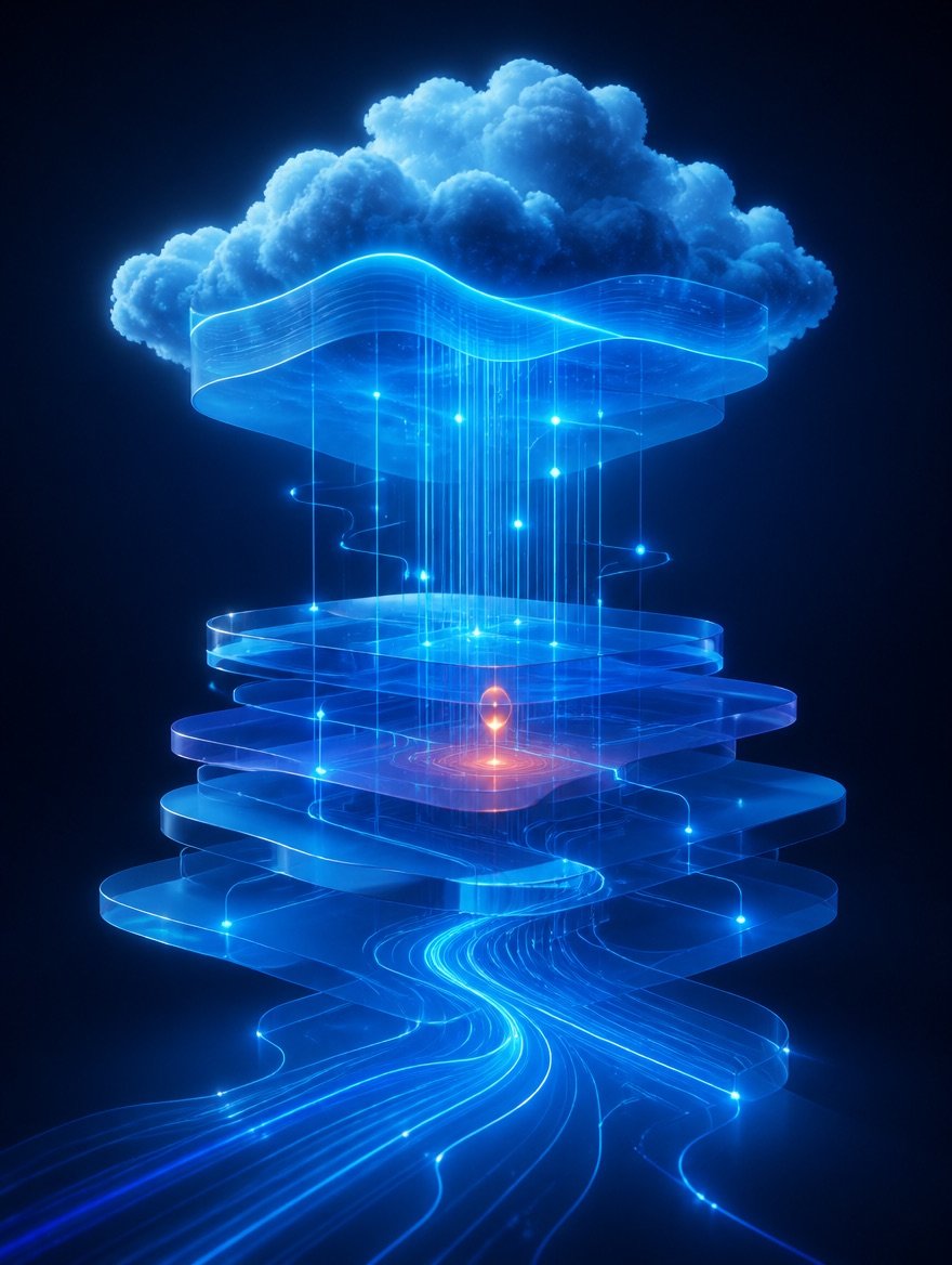 Stacked translucent cloud strata linked by luminous pipelines flowing upward in BlueAura blues