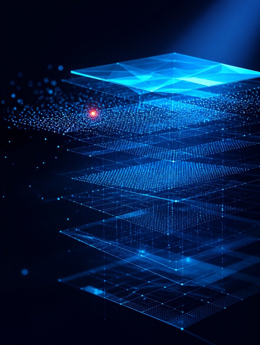 Scattered data points converging into ordered luminous strata and a crystalline surface of insight
