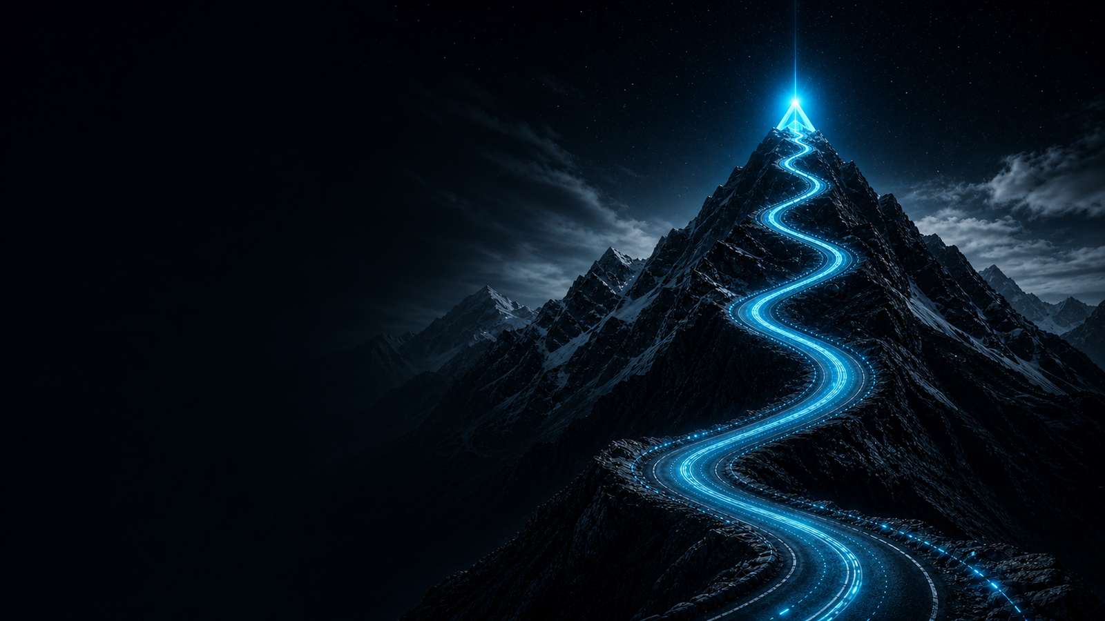 A neon-blue road rising toward a mountain peak at night